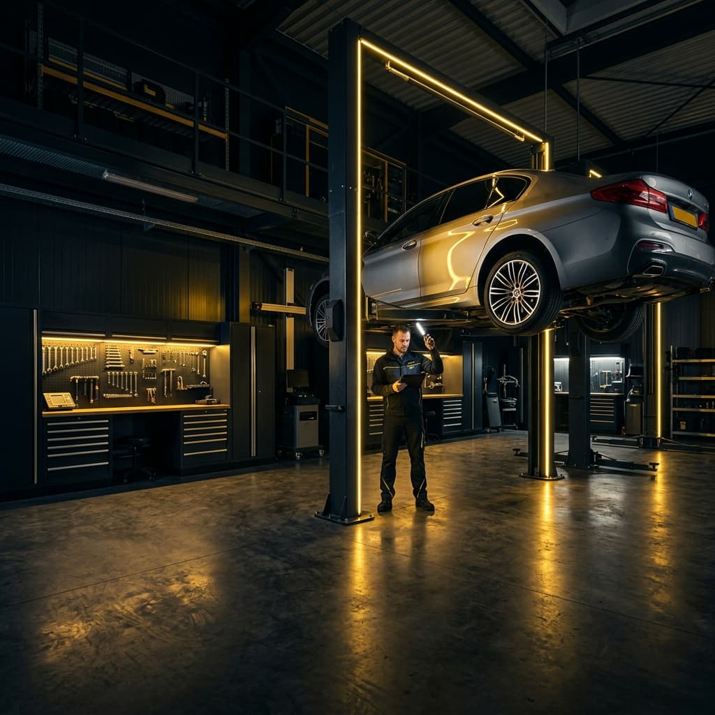 Interior da oficina Caiua Auto Center com veículo em manutenção — Curitiba CIC